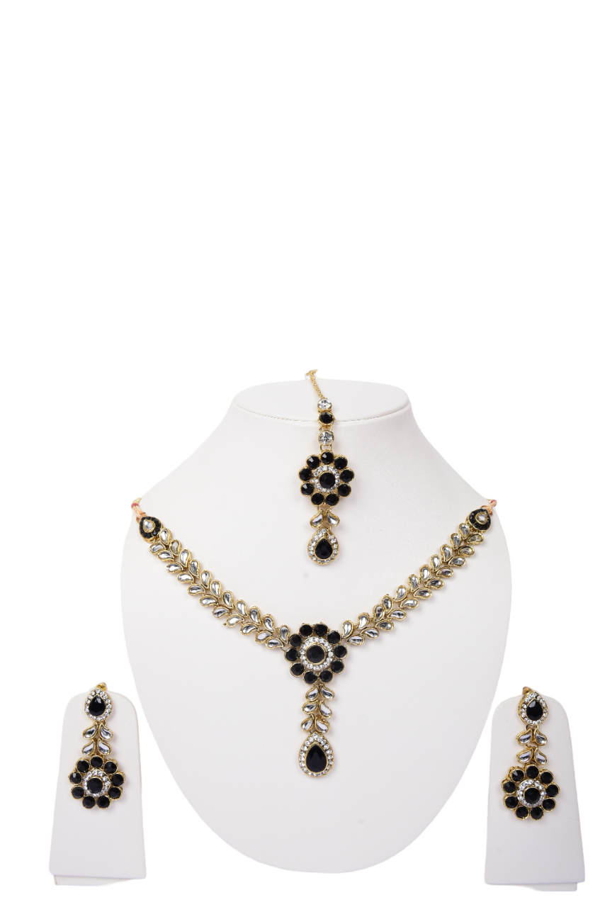 Namokriti Traditional Kundan Necklace Set for Women – Elegant Gold Plated Jewelry with Black & White Stones
